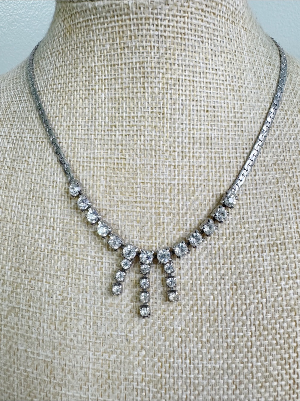 Vintage Silver Tone Clear Crystal Fringe Necklace